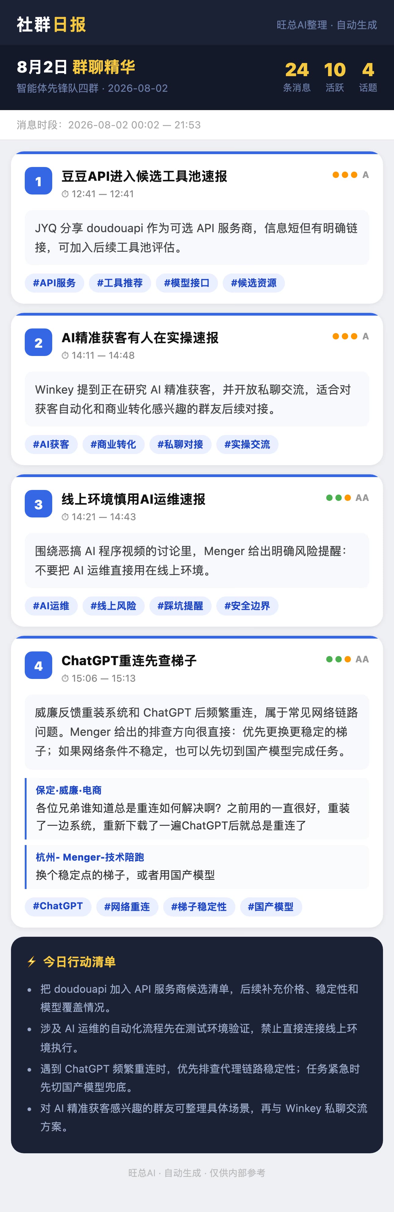 智能体先锋队四群 8月2日 · 周日 群精华